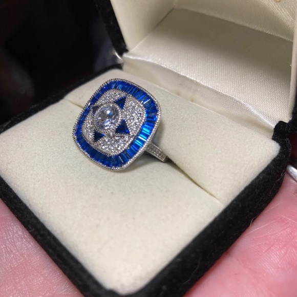 Sapphire and CZ Rhodium Over 925 Sz 5 Ring - Picture 2 of 11